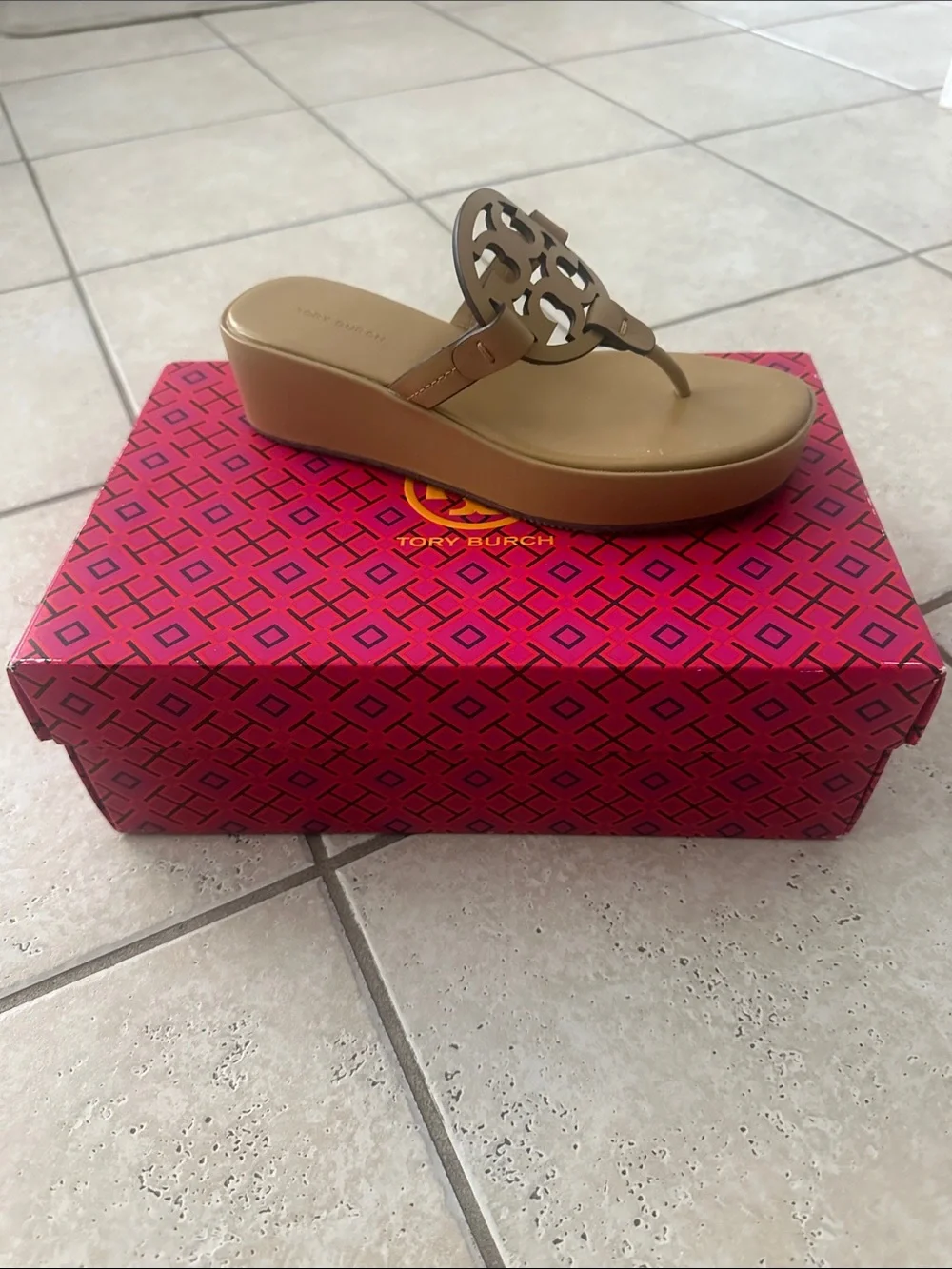 Tory Burch Miller Wedge Thong Sandals with Logo Medallion